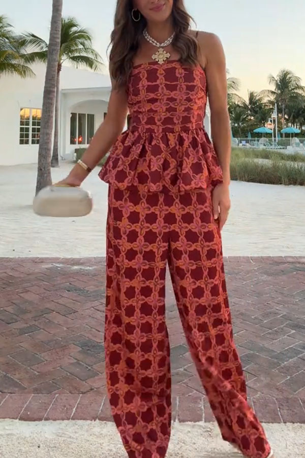 Chainlink Printed Bubble Back Pleated Slip Top and Elastic Waist Pocket Loose Pants Set-consonak