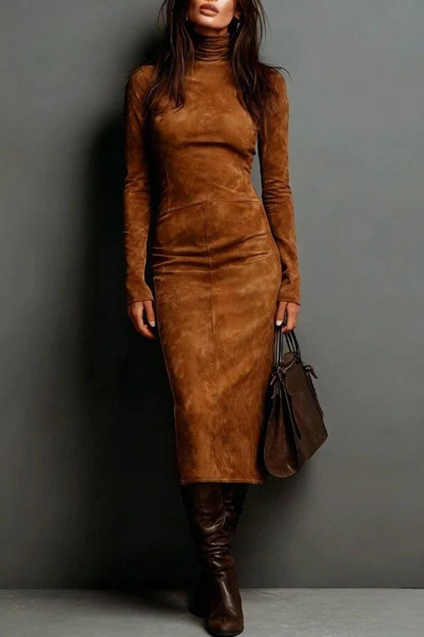 Stylish High-neck Long-sleeved Slim-fit Midi Dress-consonak
