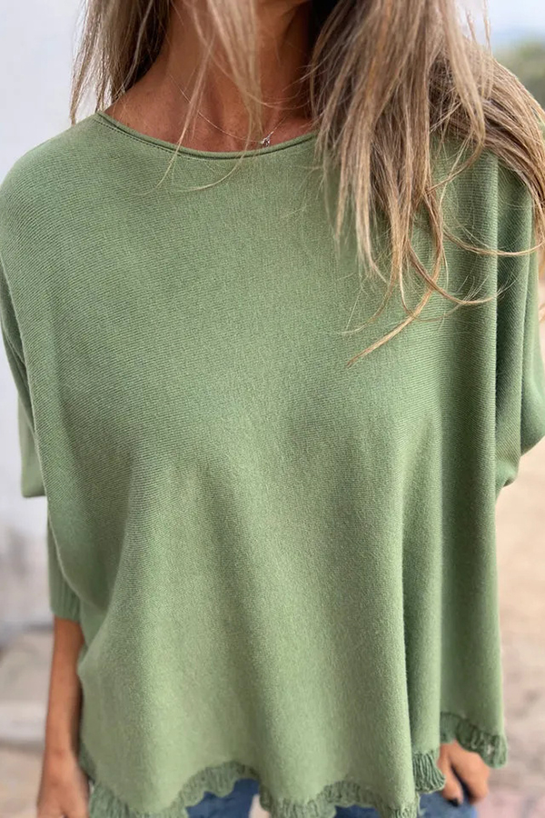 Solid Color Loose Long Sleeve Lace Knitted Sweater-consonak