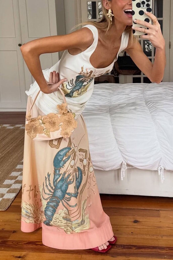 Jino Unique Lobster Print Square Neck Ruched Drape Hip Maxi Dress