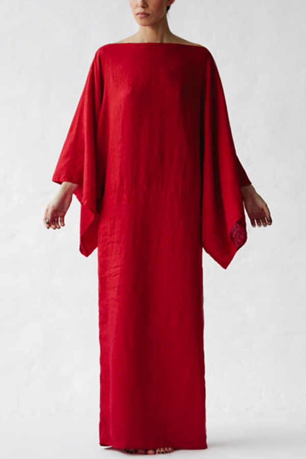 Stacie Linen Blend Wide Neck Batwing Sleeves Tie-up Waist H-line Maxi Dress