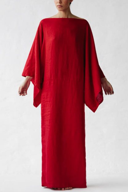 Stacie Linen Blend Wide Neck Batwing Sleeves Tie-up Waist H-line Maxi Dress