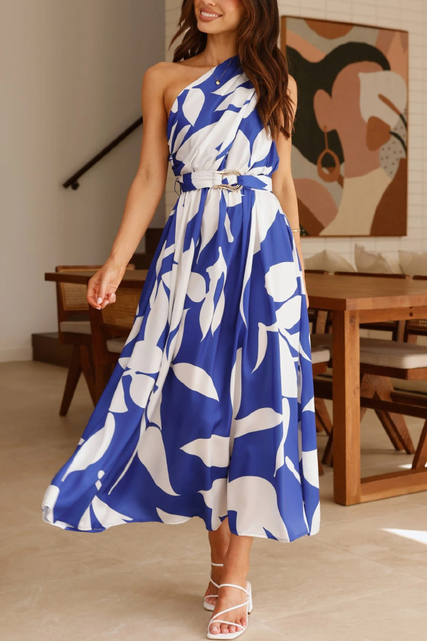 Unique Printed One-Shoulder Belt Casual Holiday Maxi Dress | Consonak
