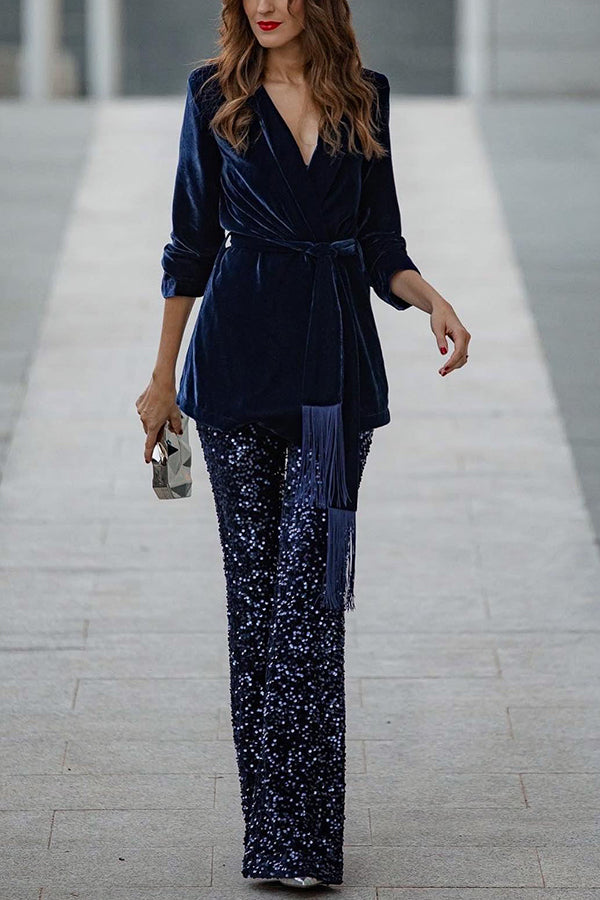 Diva Velvet Sequin High Rise Elastic Waist Flare Pants | Consonak