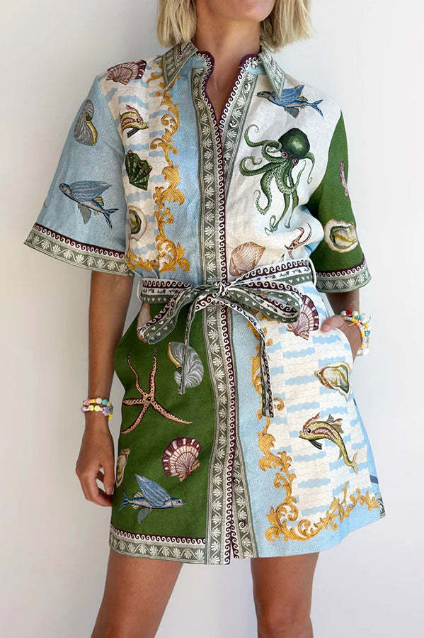 Deep Sea Dreaming Linen Blend Unique Print Tie-up Pocketed Shirt Mini Dress-consonak
