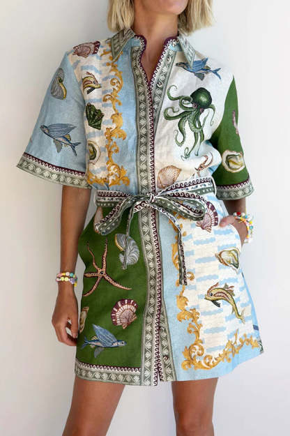 Deep Sea Dreaming Linen Blend Unique Print Tie-up Pocketed Shirt Mini Dress-consonak