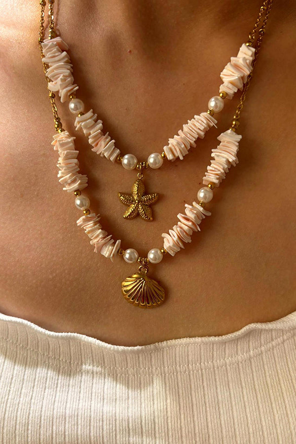 Ocean Style Stainless Steel Shell Starfish Pearl Necklace-consonak
