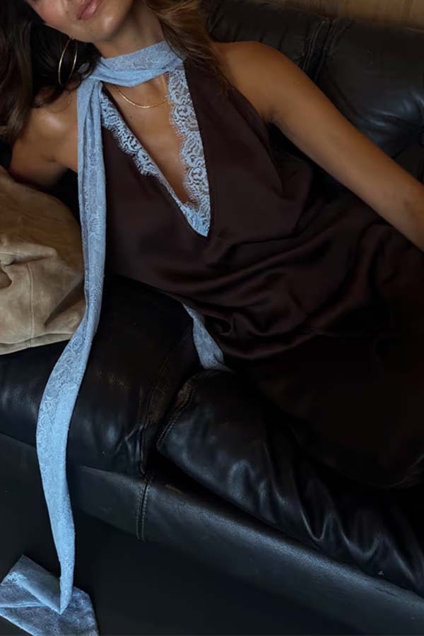 Sunday Social Contrast Color Satin Lace Trim Neck Strap Loose Tank-consonak