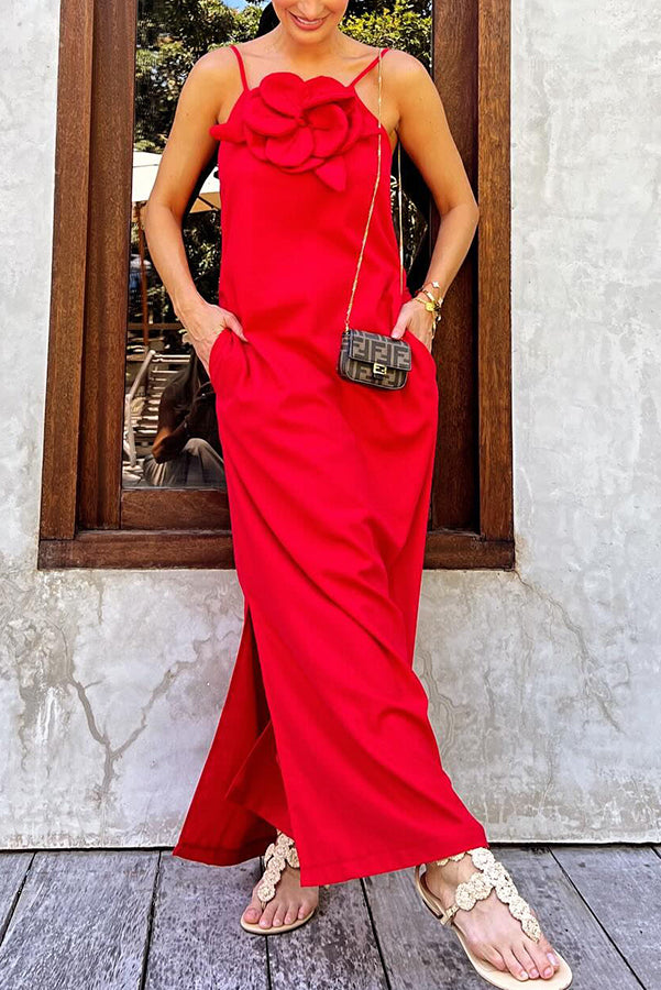 Vacay Ready Linen Blend Floral Embellishment Pocketed Slit Maxi Dress | Consonak