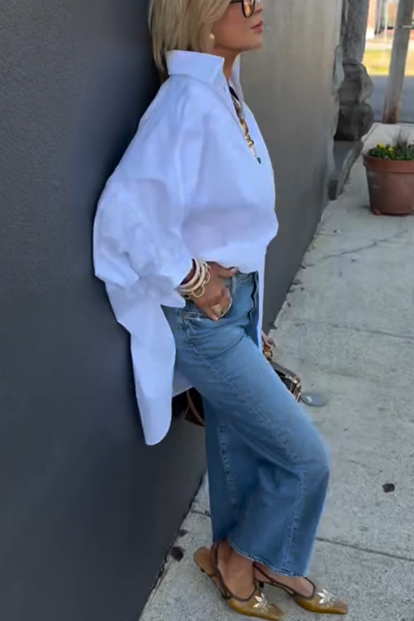 Easy and Modern Button Up Sculptural Sleeve Slit Oversized Midi Blouse