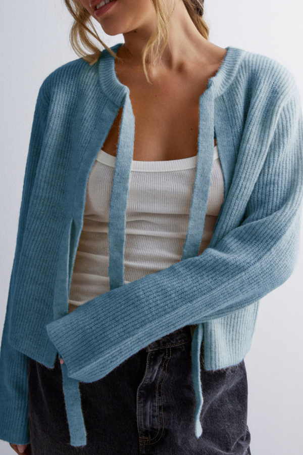 Solid Color Loose Long Sleeve Lace-up Knitted Cardigan-consonak