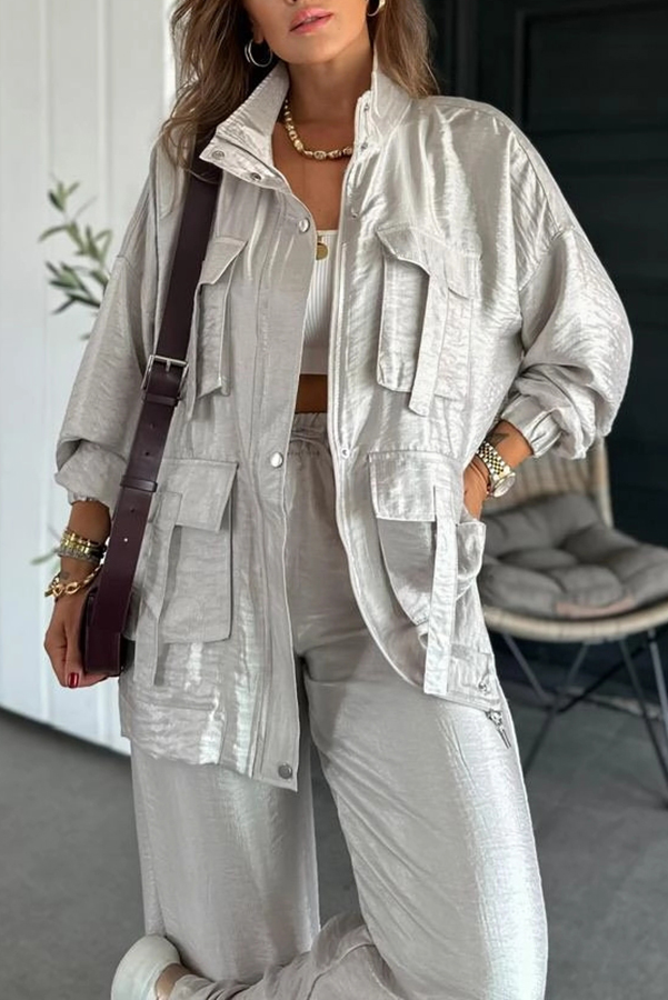 Easy on Me Metallic Fabric Flap Pocket Cargo Style Zipper Loose Jacket | Consonak
