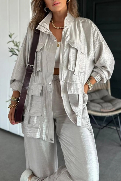 Easy on Me Metallic Fabric Flap Pocket Cargo Style Zipper Loose Jacket-consonak