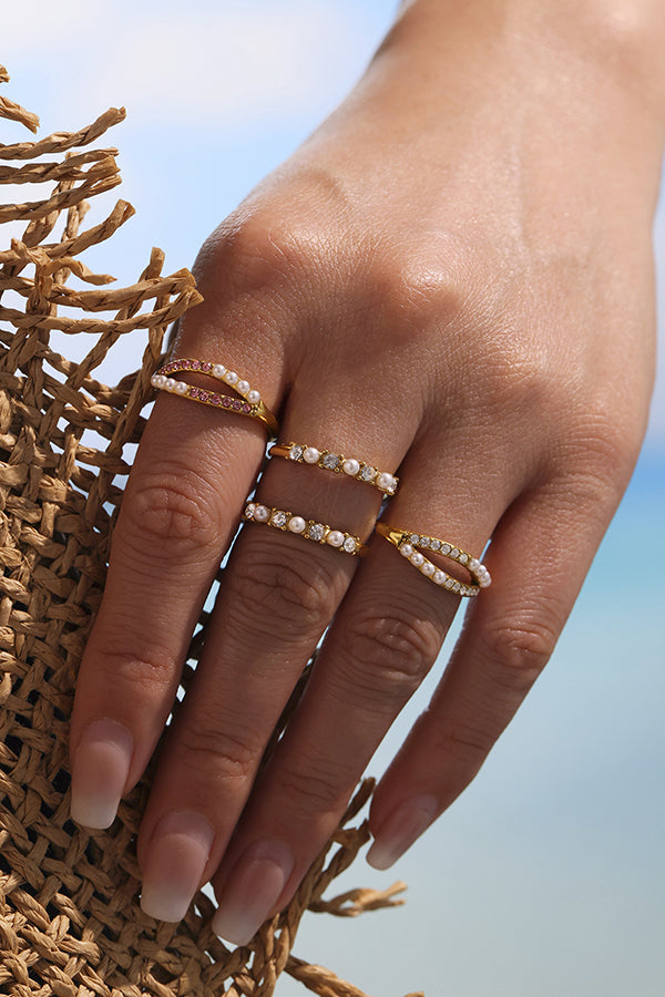 Fashionable Double-layer Inlaid Rhinestone Pearl Ring-consonak