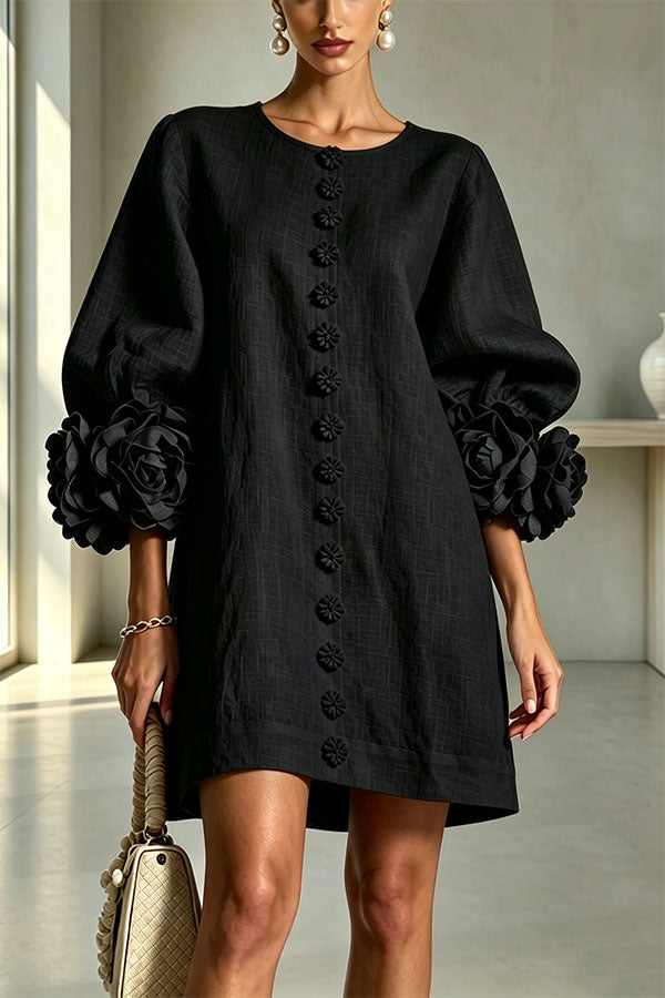Rima Linen Blend Flowers Button Down Floral Cuffs Half Sleeve Mini Dress-Consonak