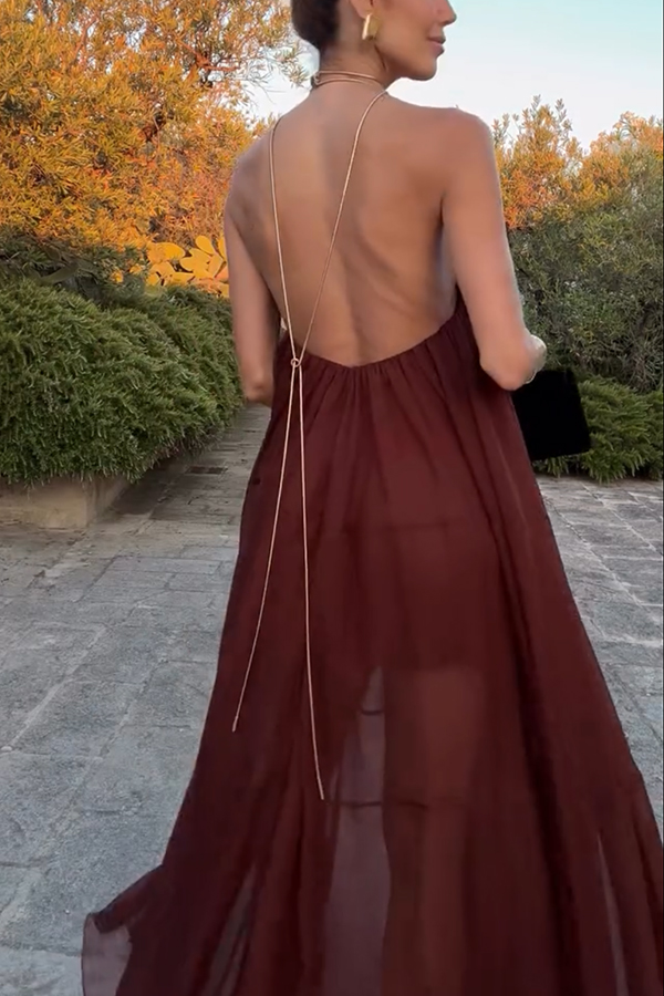 Flowing Lightweight Chiffon Chain Halter Neck Detail Backless A-line Maxi Dress-consonak