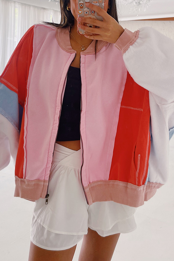 Fresh Color Matching Loose Casual Round Neck Jacket-consonak
