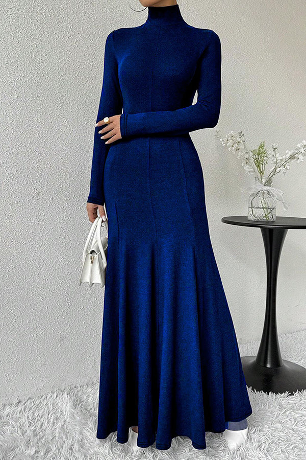 Solid Color High-neck Long-sleeved Slim-fit Fishtail Elegant Maxi Dress-consonak
