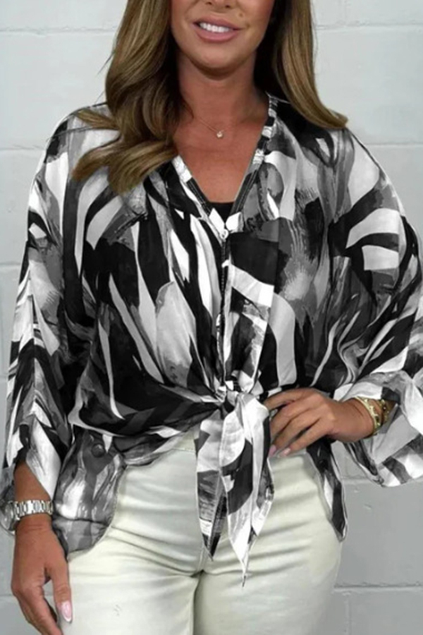 Unique Printed Long Sleeve V-neck Chiffon Loose Shirt-consonak
