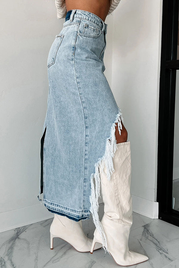 Darla Cutting Ties Heavily Distressed Denim Maxi Skirt-consonak