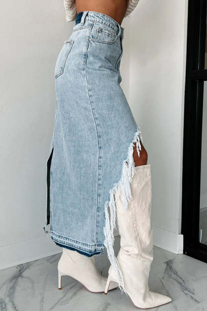 Darla Cutting Ties Heavily Distressed Denim Maxi Skirt-consonak
