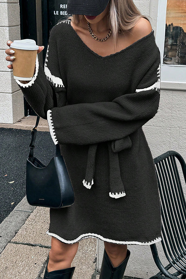 Stylish Loose-fitting Long-sleeved Tie-waist Knit Mini Dress-consonak