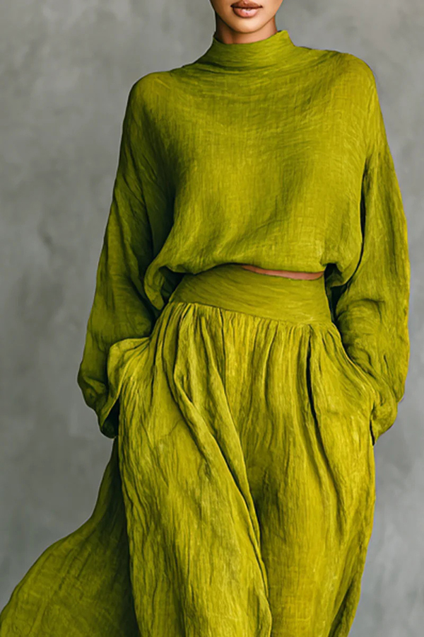 Linen Blend Solid Color Loose Long-sleeved Top and High-waisted Casual Pocket Maxi Skirt Set-Consonak