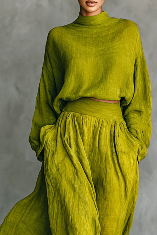 Linen Blend Solid Color Loose Long-sleeved Top and High-waisted Casual Pocket Maxi Skirt Set-consonak