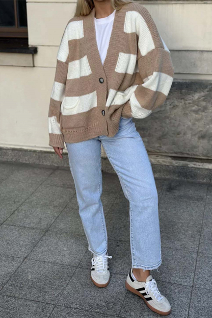 Casual V-neck Long-sleeved Striped Pocket Knitted Cardigan-consonak