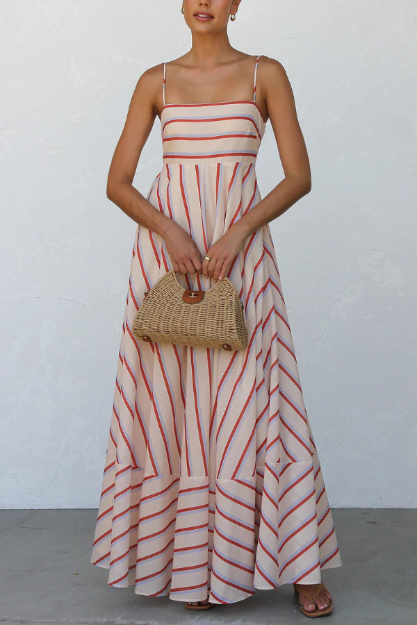 Striped Printed Square Neck Sleeveless Ruched Casual Maxi Dress