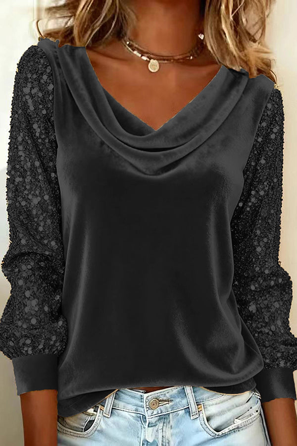Stylish Velvet Sequin Patchwork Long-sleeved Casual Top | Consonak