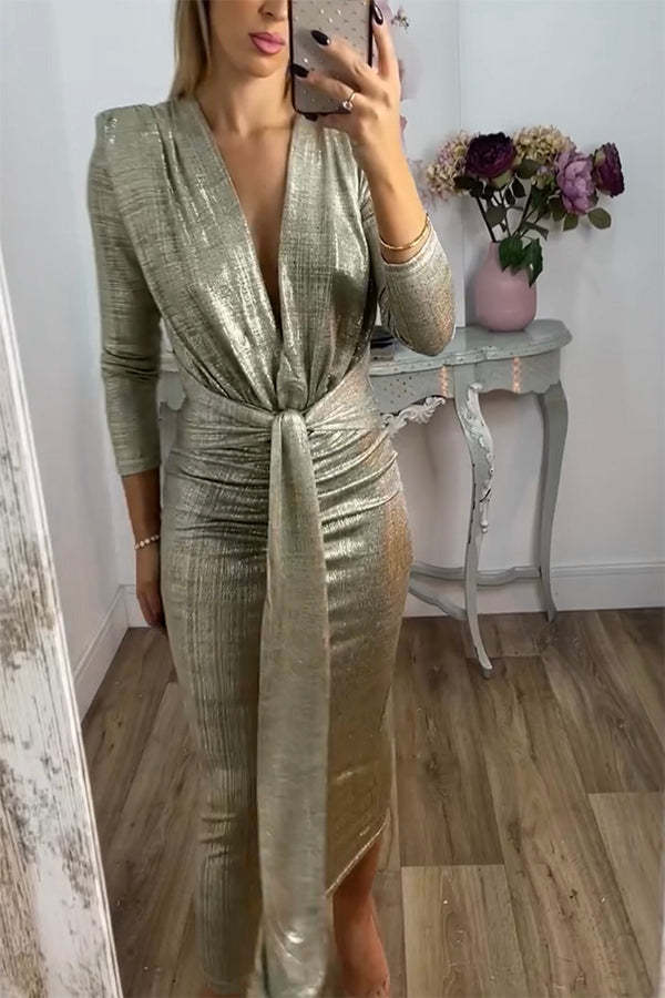 Shiny Lady Metallic Fabric Padded Long Sleeve Tie-up Ruched Midi Dress-consonak