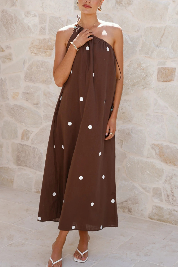 Polka Dot Print Sleeveless One-shoulder Tie-up Casual Vacation Maxi Dress-consonak