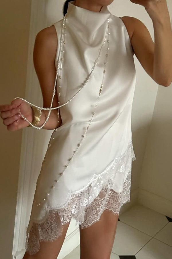 Solid Color Satin Spliced lace Sleeveless Irregular Casual Top | Consonak