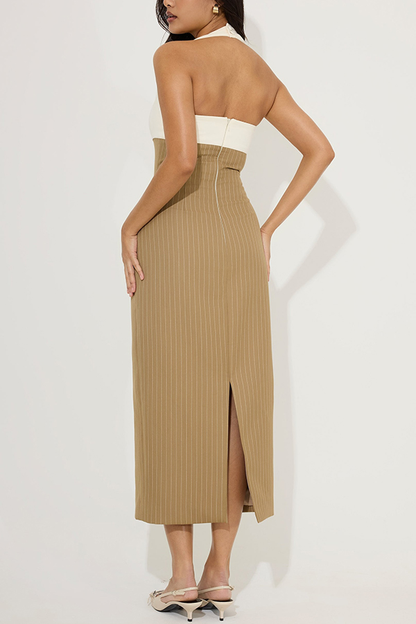 Urban Lady Mix Pinstripe Halter Sweetheart Neck Pencil Midi Dress