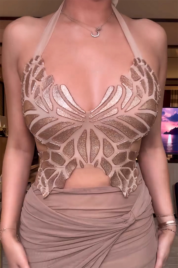 Timeless Beauty Gold Metallic Butterfly Back Lace-up Halter Tank-consonak