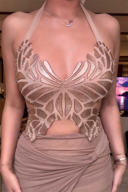 Timeless Beauty Gold Metallic Butterfly Back Lace-up Halter Tank-consonak