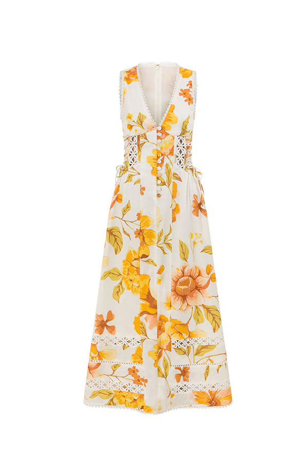 Clover Linen Blend Floral Print Cutout Trim Button Up Side Lace-up Maxi Dress-consonak