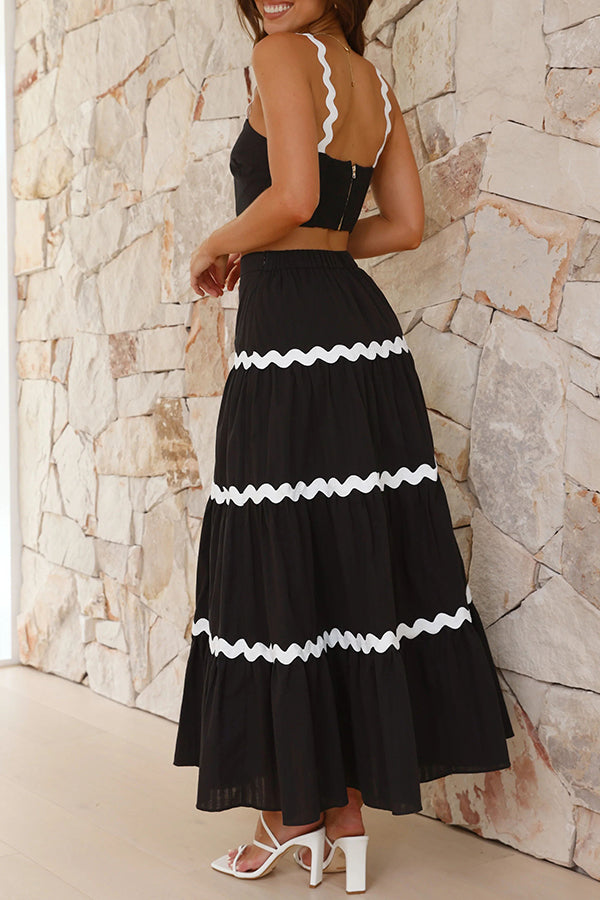 Island Beauty Wave Trim Patchwork Crop Tank and Elastic Waist Skirt Set-consonak