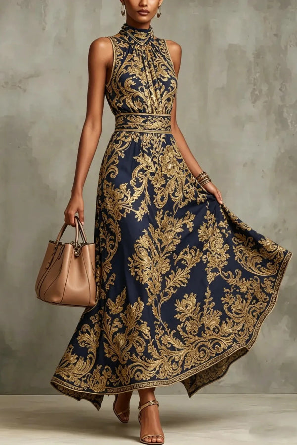 Vintage Gold Embroidered Long Dress-Consonak