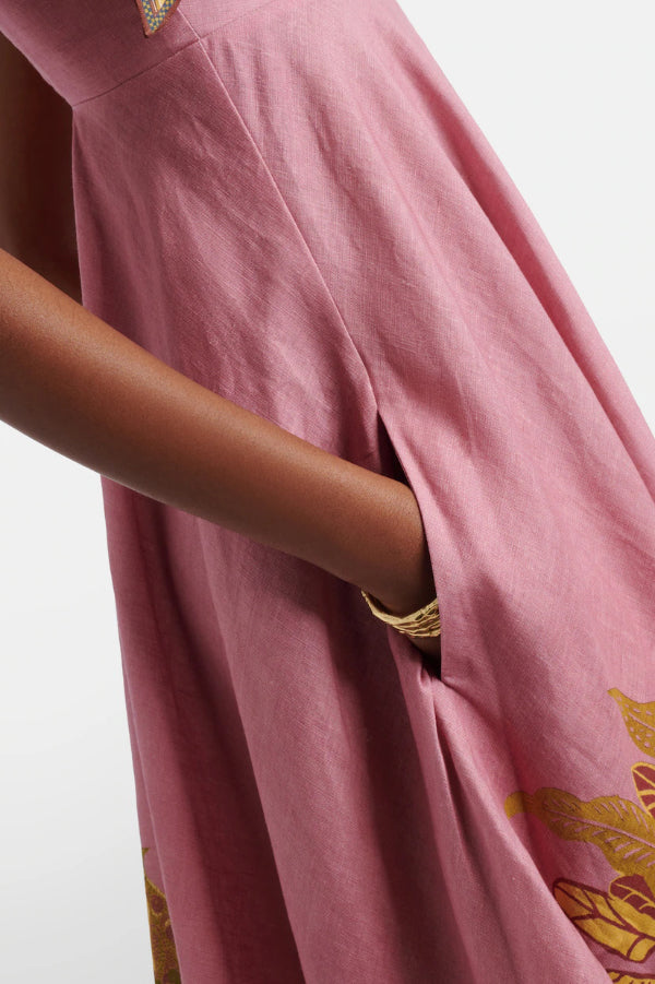 Linen Blend Unique Printed Tie-up Suspenders Pocket Elegant  Vacation Maxi Dress