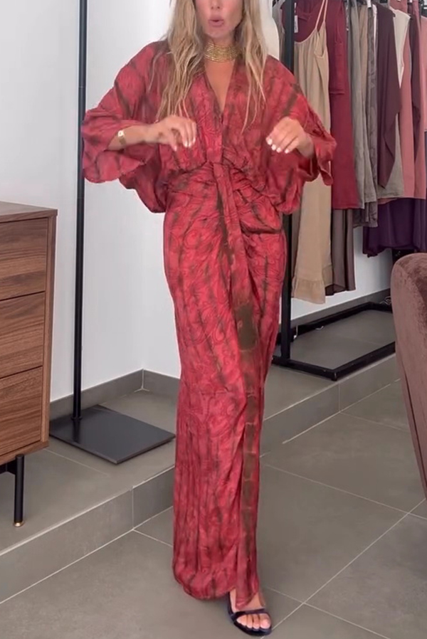 Unique Printed V-neck High-waisted Loose-fitting Holiday Maxi Dress-consonak