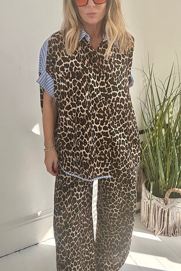 Comfortable Leopard Stripes Colorblock Print Oversized Shirt and Elastic Waist Pocket Loose Pants Set-Consonak