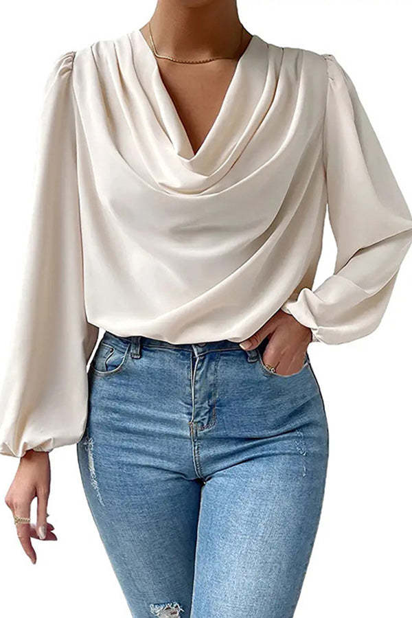Simple and Beautiful Satin Cowl Drape Neck Long Sleeved Shirt-consonak