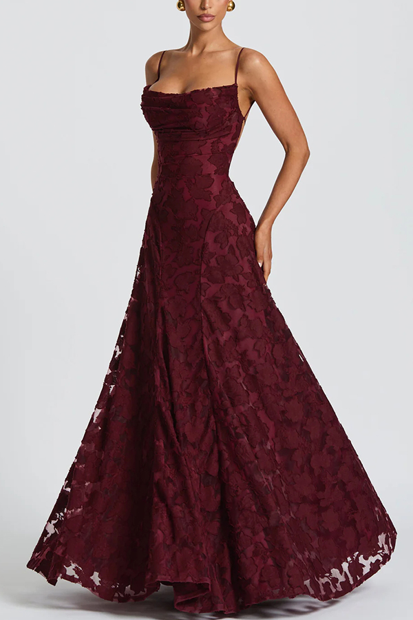 Francis Custom Floral Burnout Fabric Cowl Neck Back Lace-up Maxi Dress-consonak