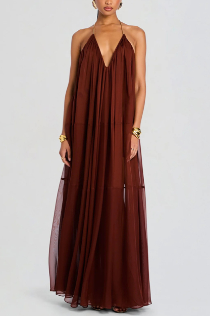 Flowing Lightweight Chiffon Chain Halter Neck Detail Backless A-line Maxi Dress-consonak