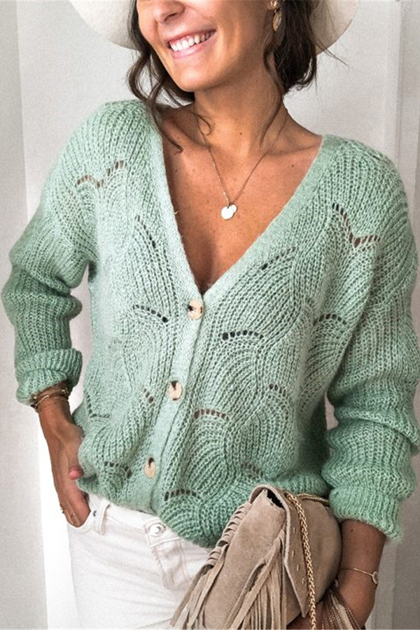 Fashionable V-neck Long-sleeved Knitted Sweater Cardigan-consonak