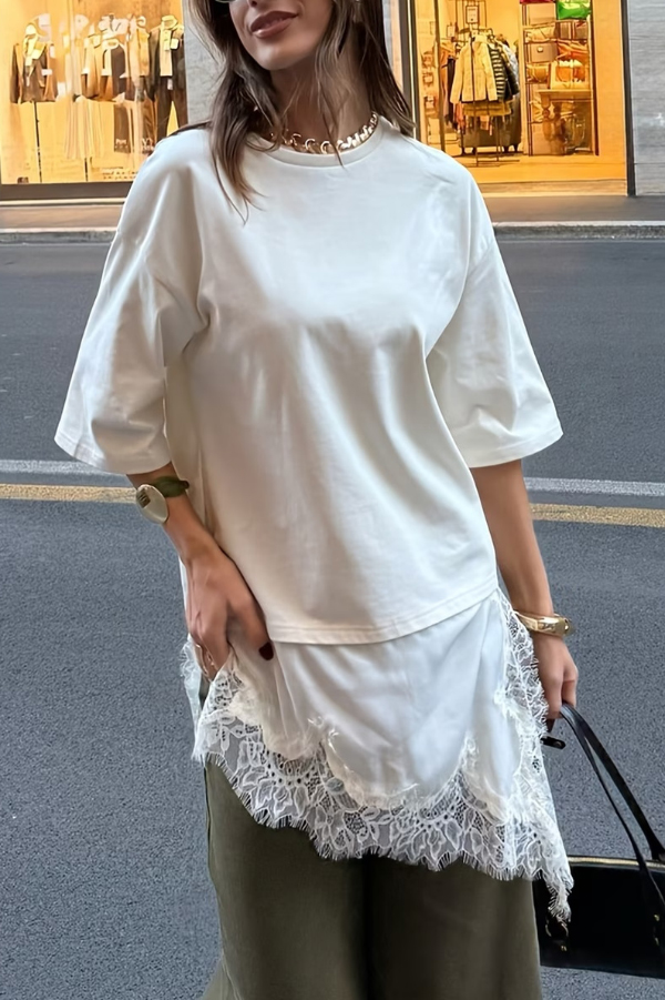 Stylish Round Neck Short-sleeved Patchwork Lace Hem Loose T-shirt-consonak