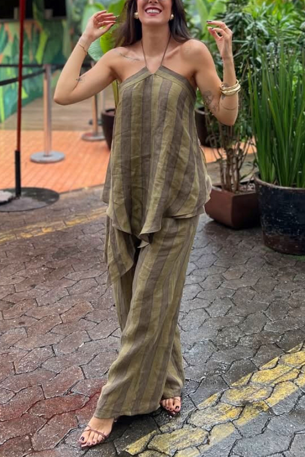 Striped Printed Halter Neck Sleeveless Asymmetrical Top and Elastic Waist Pocket Casual Wide-leg Pants Set