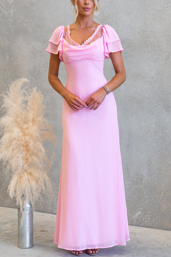 Midnight Charm Lace Detail Cowl Neck Bell Tiered Short Sleeve Maxi Dress